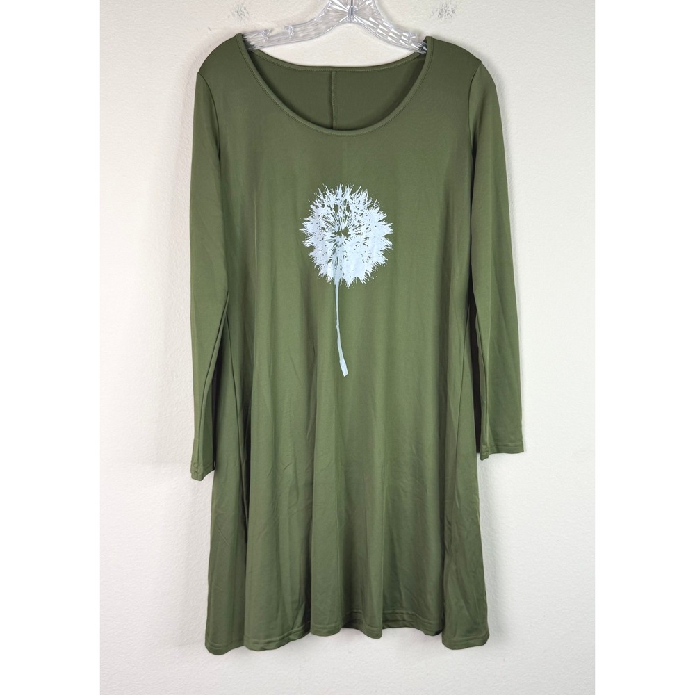Unbranded Tunic Dress Women S Olive Green Dandelion Graphic Long Sleeve Stretch